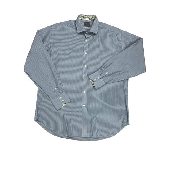 Thomas Dean Blue White Thin Stripe Pima Cotton Flip Cuff LS Shirt - Picture 9 of 9